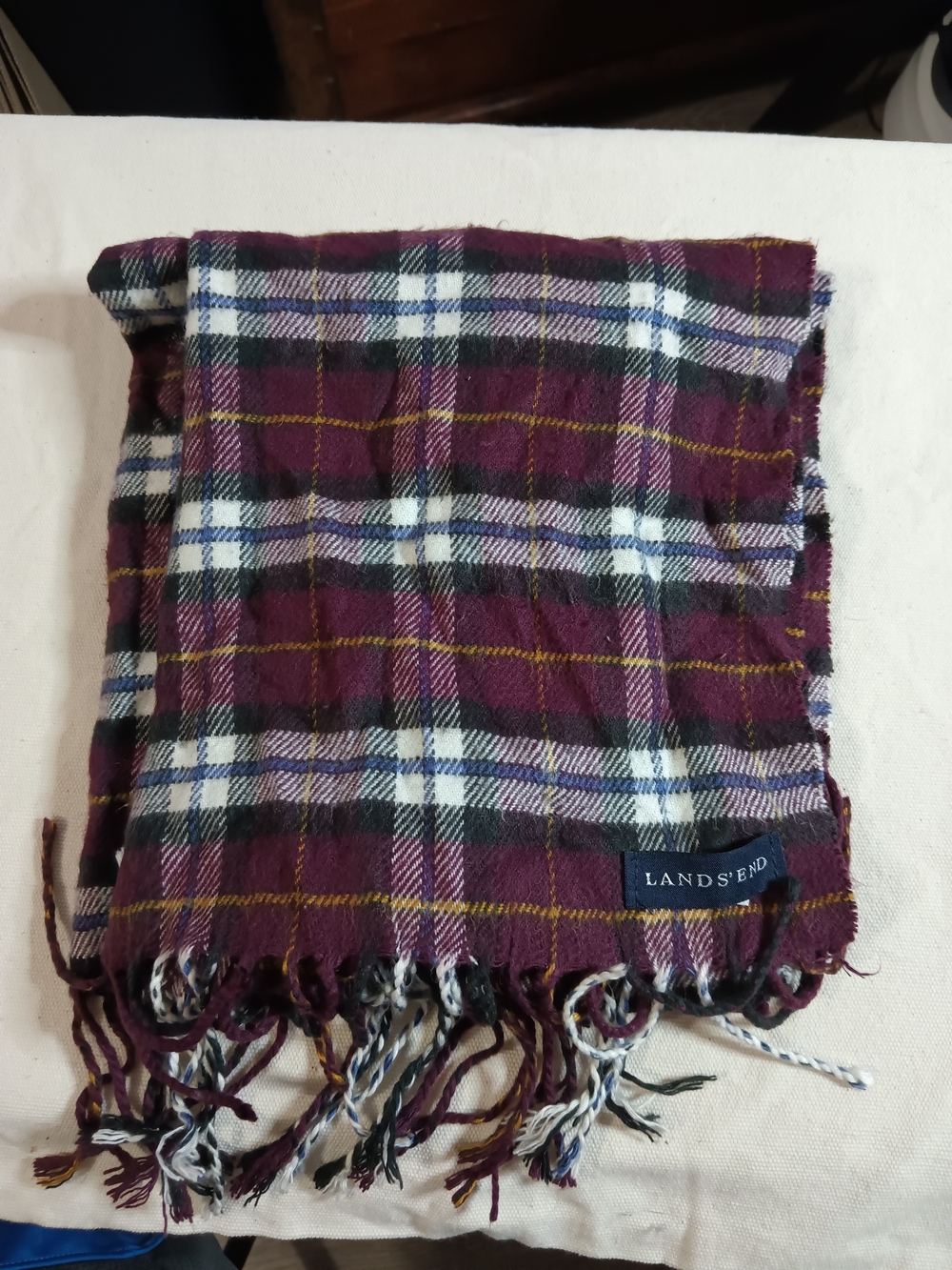 Lands' End Burgundy Plaid Fringe Wrap Scarf